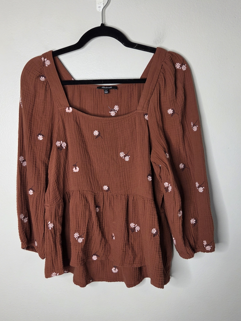 Madewell Square Neck Embroidered Flower Gauzy Blouse